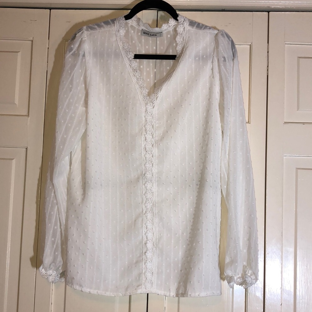 Grace Karin White Sheer Dotted Swiss Style V-neck Long Sleeve Top SZ L R1
